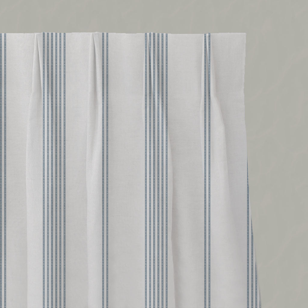 Blue Striped Linen Pleated Curtains - Brea Agate Blue-WHT - White base fabric.
