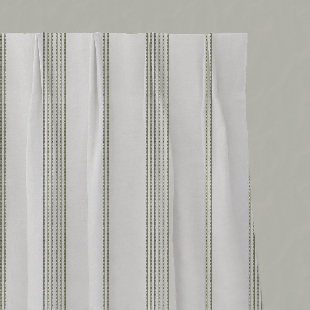Green Striped Linen Pleated Curtains - Brea Moss-WHT - White base fabric.