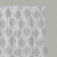Blue Patterned Linen Pleated Curtains - Britt Ink  - White base fabric.