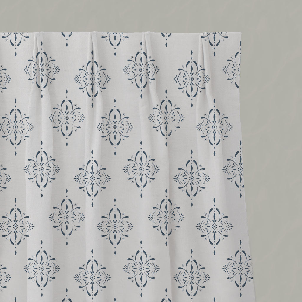 Blue Patterned Linen Pleated Curtains - Britt Ink  - White base fabric.