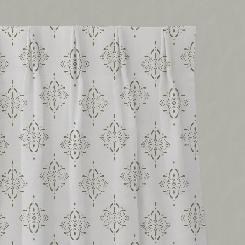 Green Patterned Linen Pleated Curtains - Britt Moss - White base fabric.