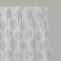 Blue Patterned Linen Pleated Curtains - Britt Shadow Blue - White base fabric.