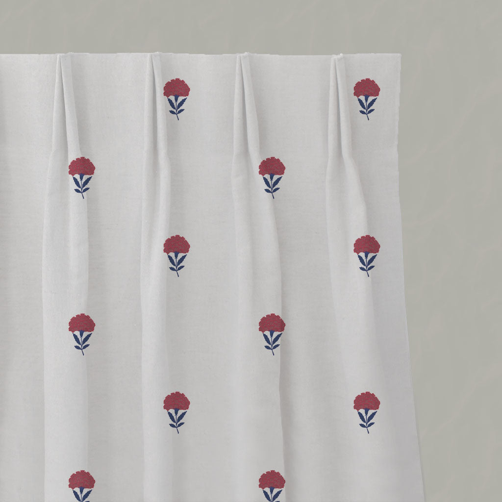Red Patterned Linen Pleated Curtains - Cheyenne Wine Blue - White base fabric.