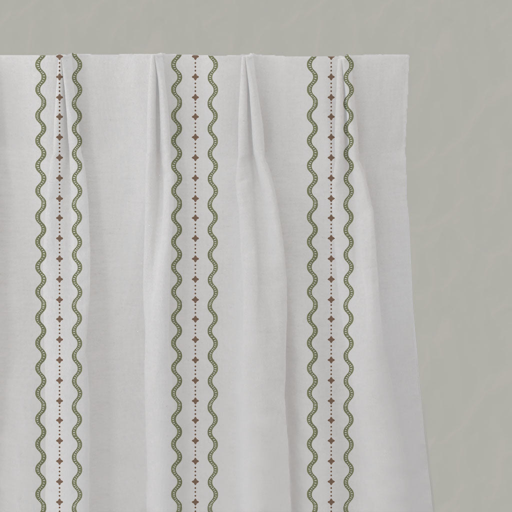 Green Striped Linen Pleated Curtains - Daphne Moss-WHT - White base fabric.