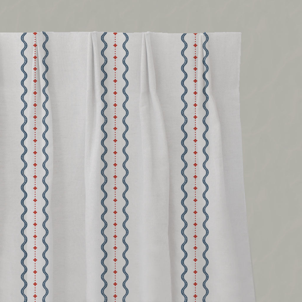 Red / Blue Striped Linen Pleated Curtains - Daphne Red Ink-WHT - White base fabric.
