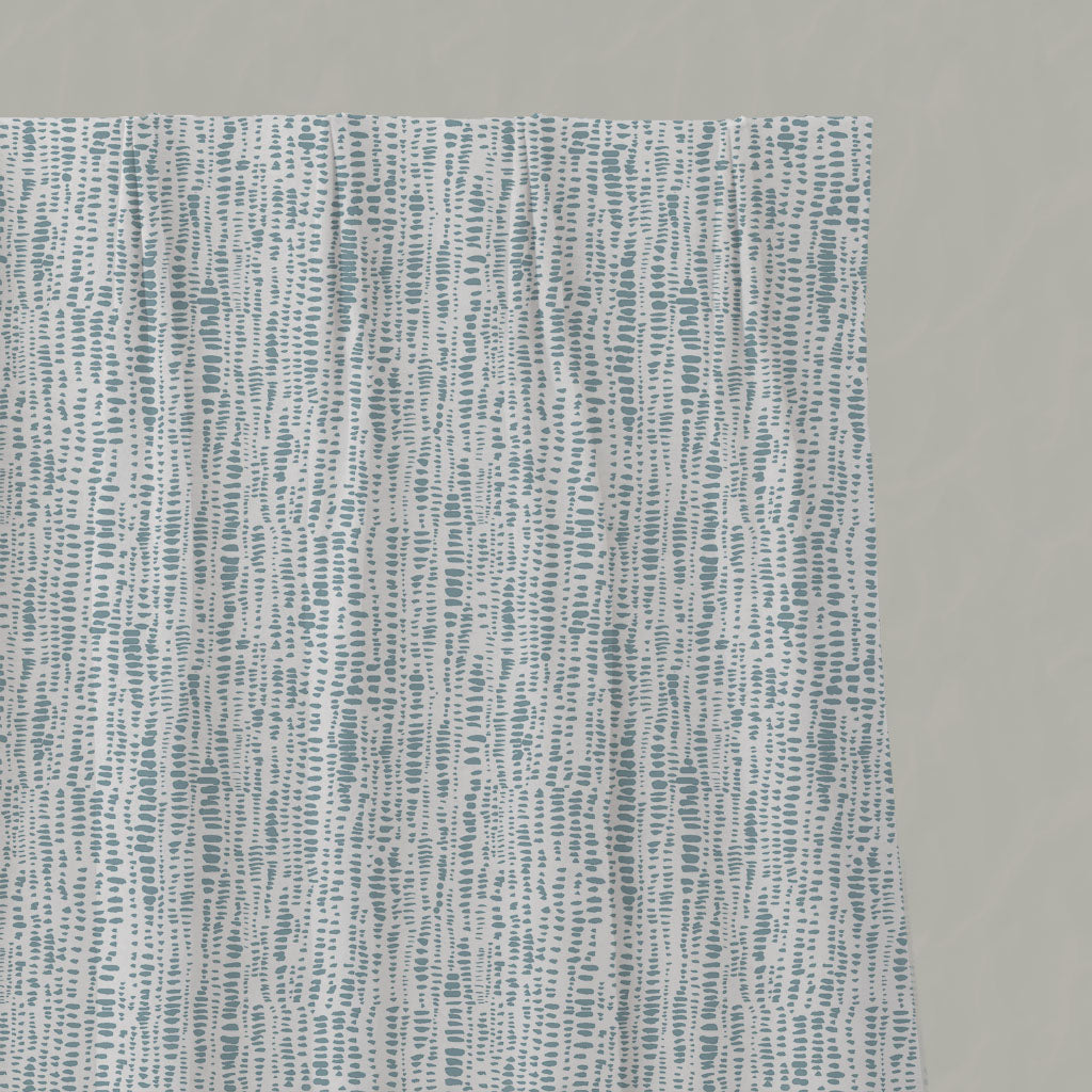 Blue Patterned Linen Pleated Curtains - Dora-WHT Shadow Blue - White base fabric.
