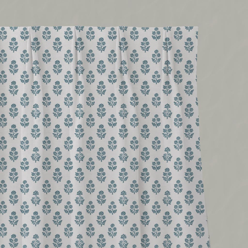 Blue Floral Linen Pleated Curtain - Doris Paris Blue-WHT - White base fabric.