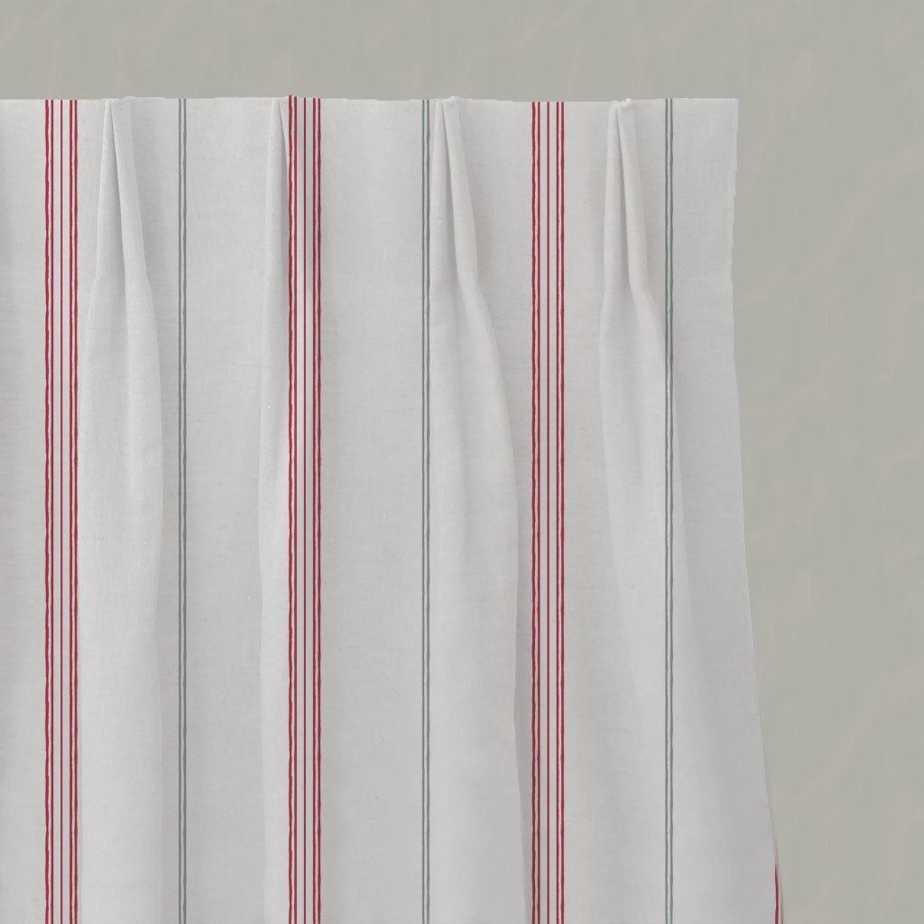 Grey / Red Striped Linen Pleated Curtains - Elise Dream Red-WHT - White base fabric.