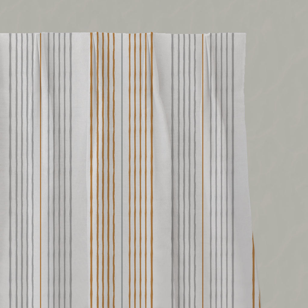 Yellow Striped Linen Pleated Curtains - Else Gold Rod - WHT - White base fabric.