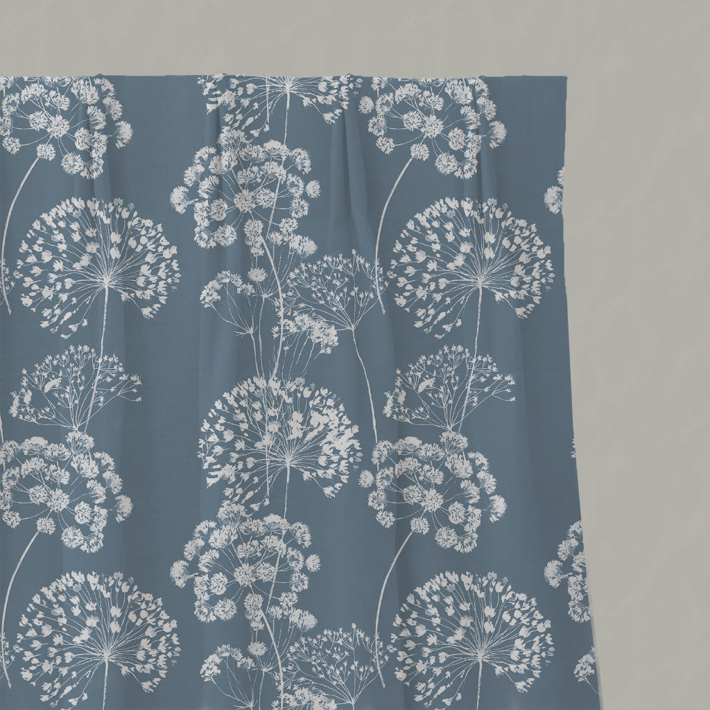 Blue Floral Linen Pleated Curtains - Erleen INV Agate Blue - White base fabric.