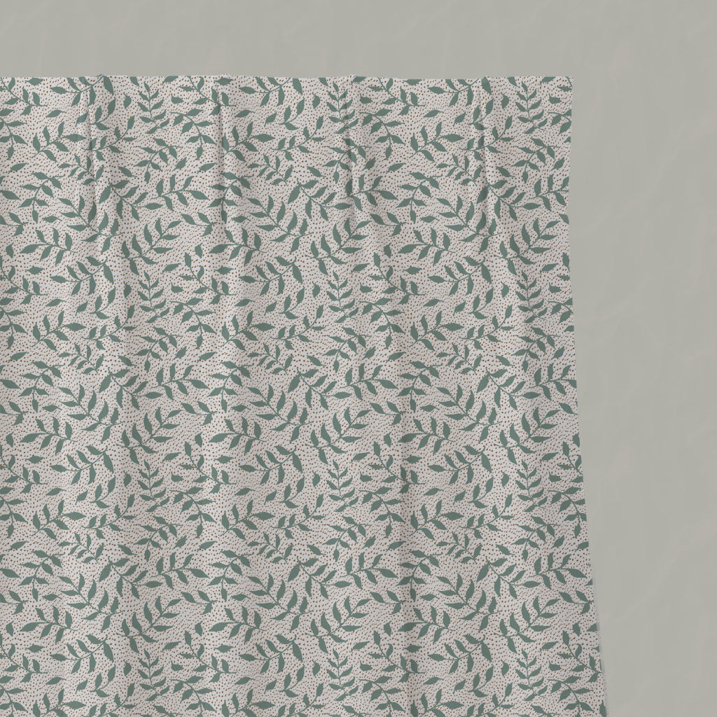 Green Botanical Linen Pleated Curtains - Fita Sage-WHT - White base fabric.