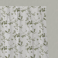 Green Floral Linen Pleated Curtains - Flora Moss-WHT - White base fabric.