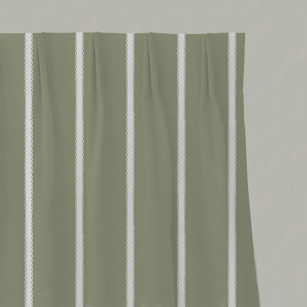Green Striped Linen Pleated Curtain - Franny Moss-WHT - White base fabric.
