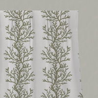 Green Botanical Linen Pleated Curtains - Galilea Moss - White base fabric.