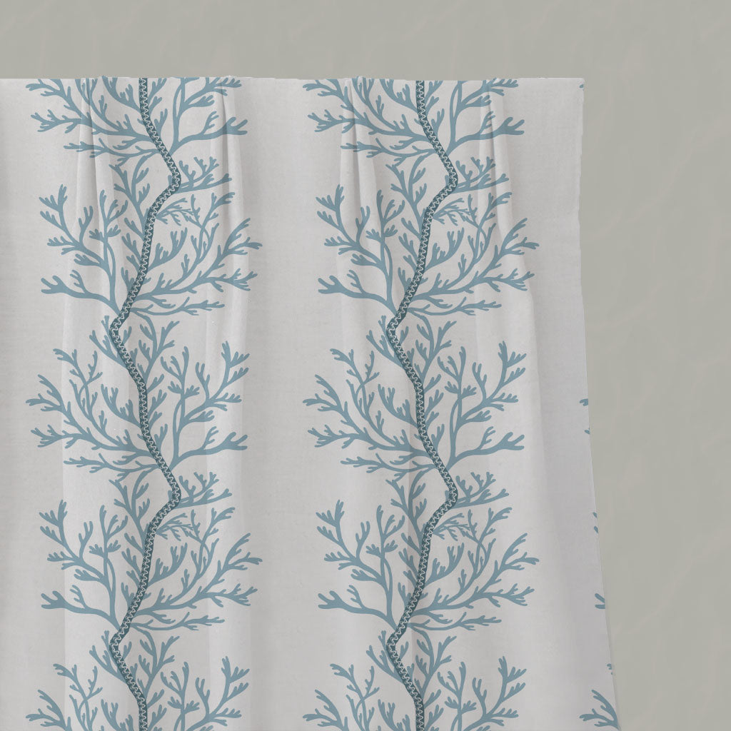 Blue Botanical Linen Pleated Curtains - Galilea Sky - White base fabric.