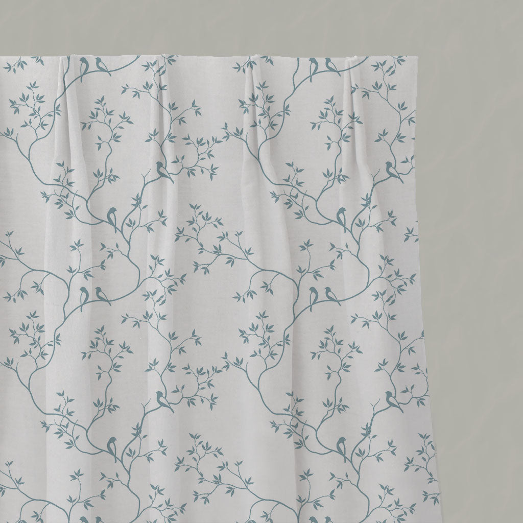 Blue Botanical Linen Pleated Curtains - Goldfinch Shadow Blue WHT - White base fabric.