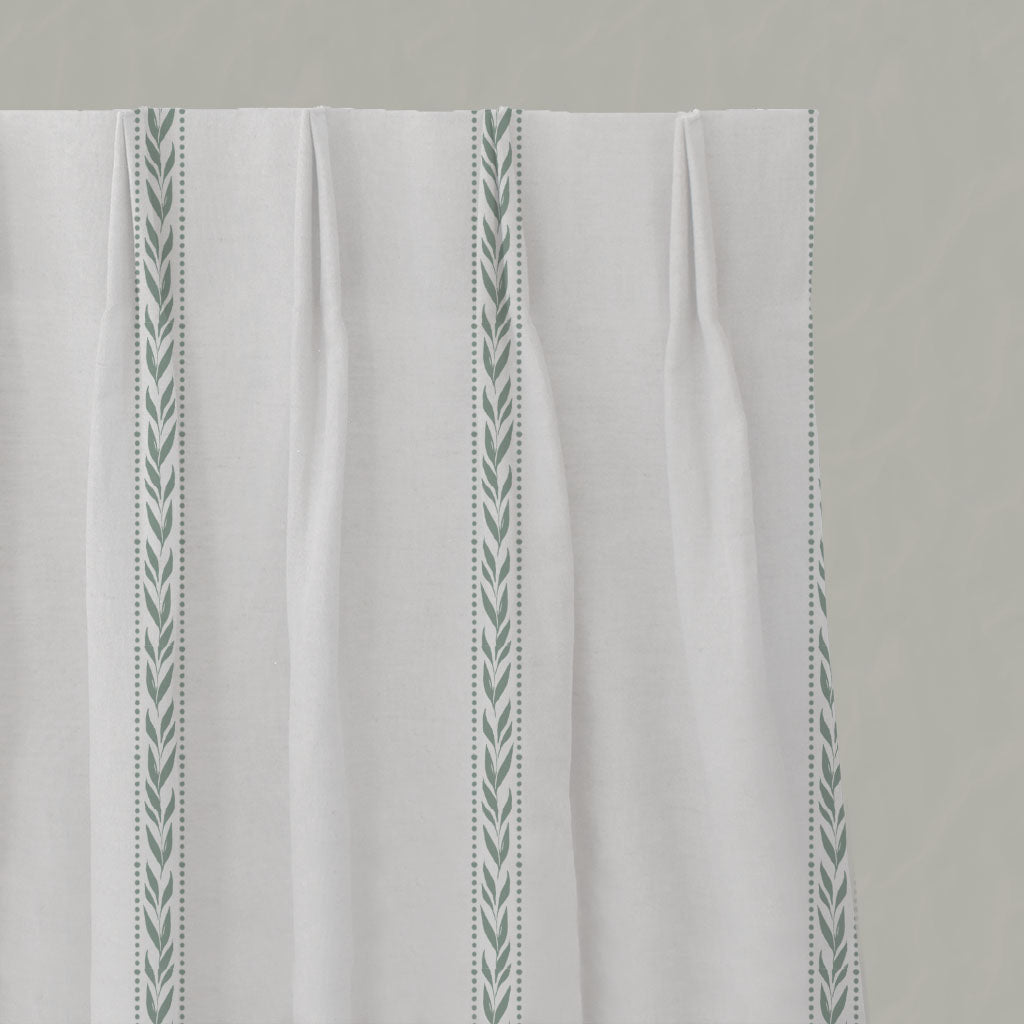 Green Striped Linen Pleated Curtains - Helena Meadow - White base fabric.