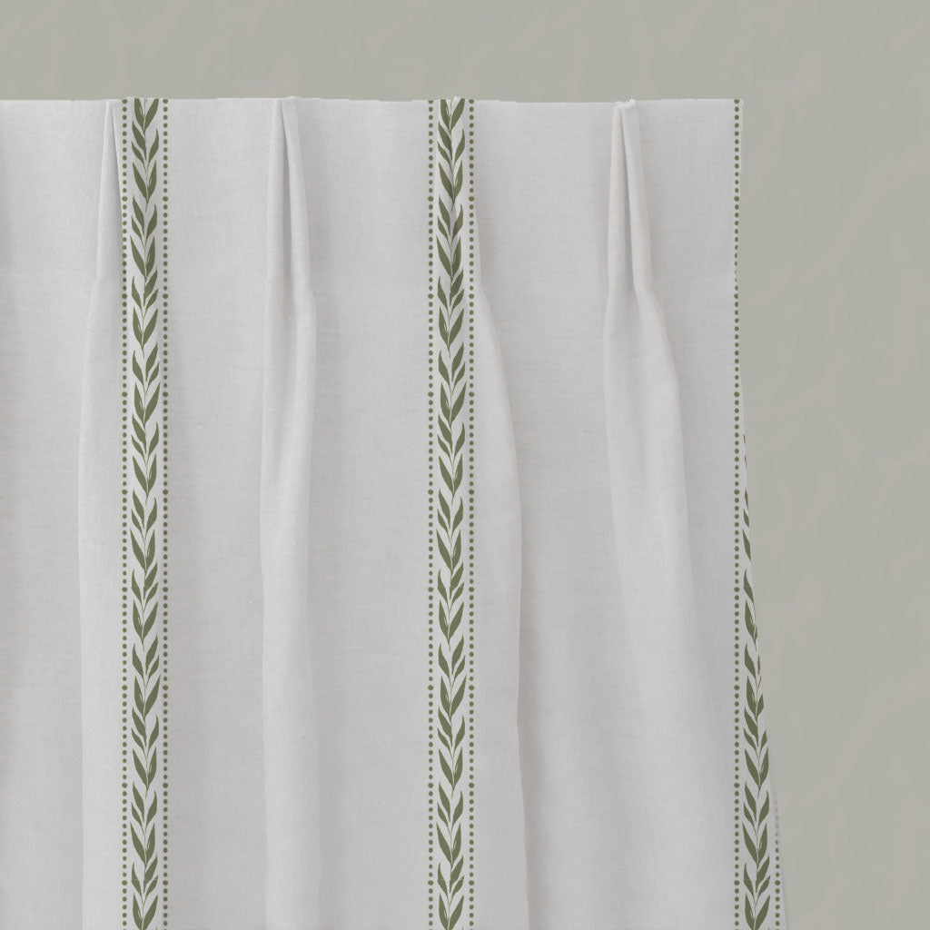 Green Striped Linen Pleated Curtains - Helena Moss - White base fabric.