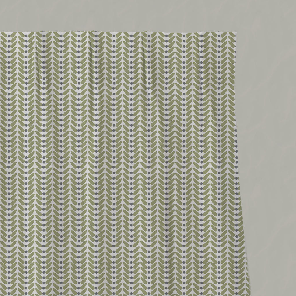 Green Patterned Linen Pleated Curtains - Hilda Olive - White base fabric.