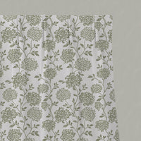 Green Floral Linen Pleated Curtain - Hulsey Moss-WHT - White base fabric.
