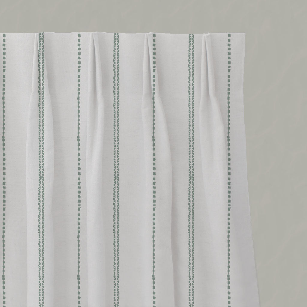 Green Striped Linen Pleated Curtains - Inga Meadow - White base fabric.