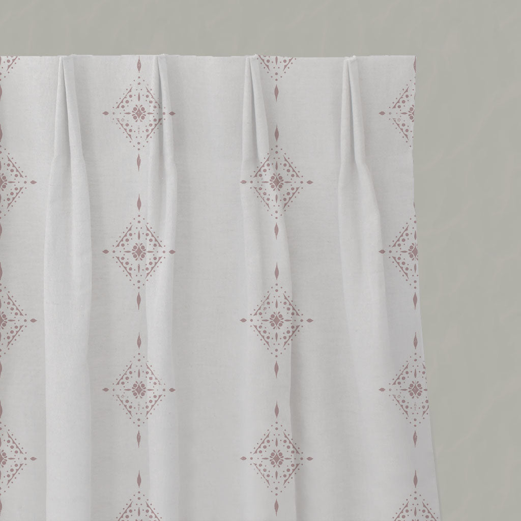 Pink Patterned Linen Pleated Curtains - Kaisley Peony-WHT - White base fabric.