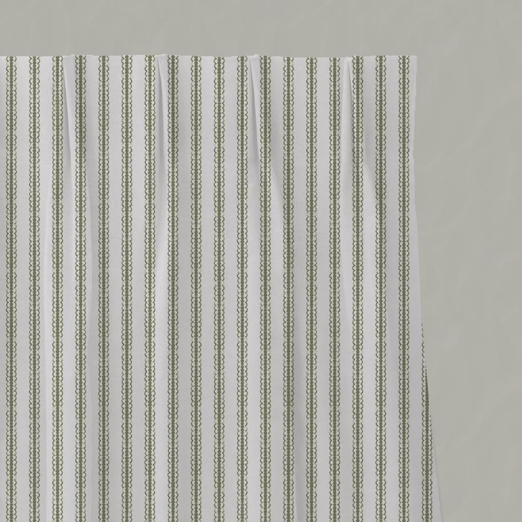 Green Striped Linen Pleated Curtain - Kamillah Moss-WHT - White base fabric.