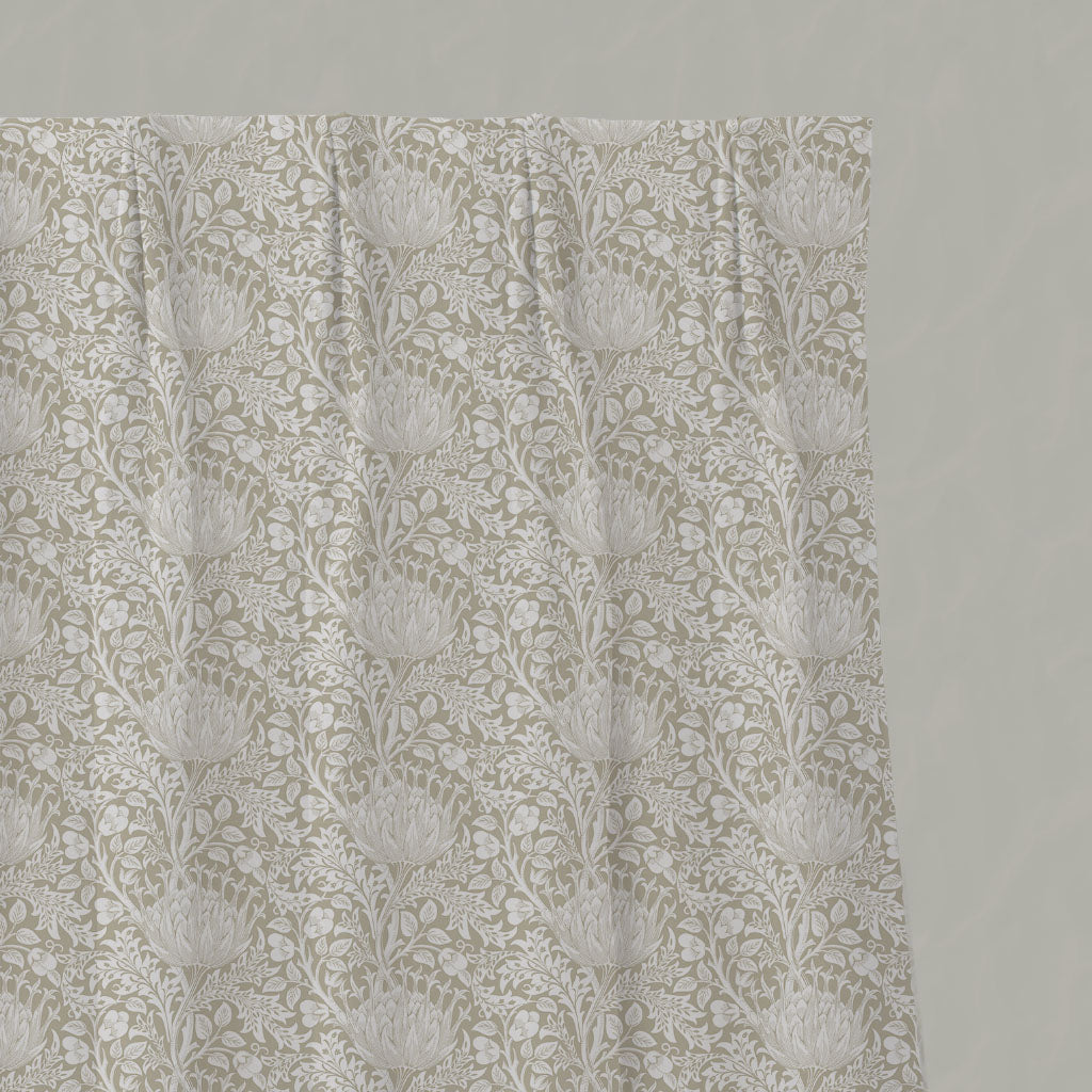 Neutral / Grey Floral Linen Pleated Curtains - Katarina Clay - White base fabric.