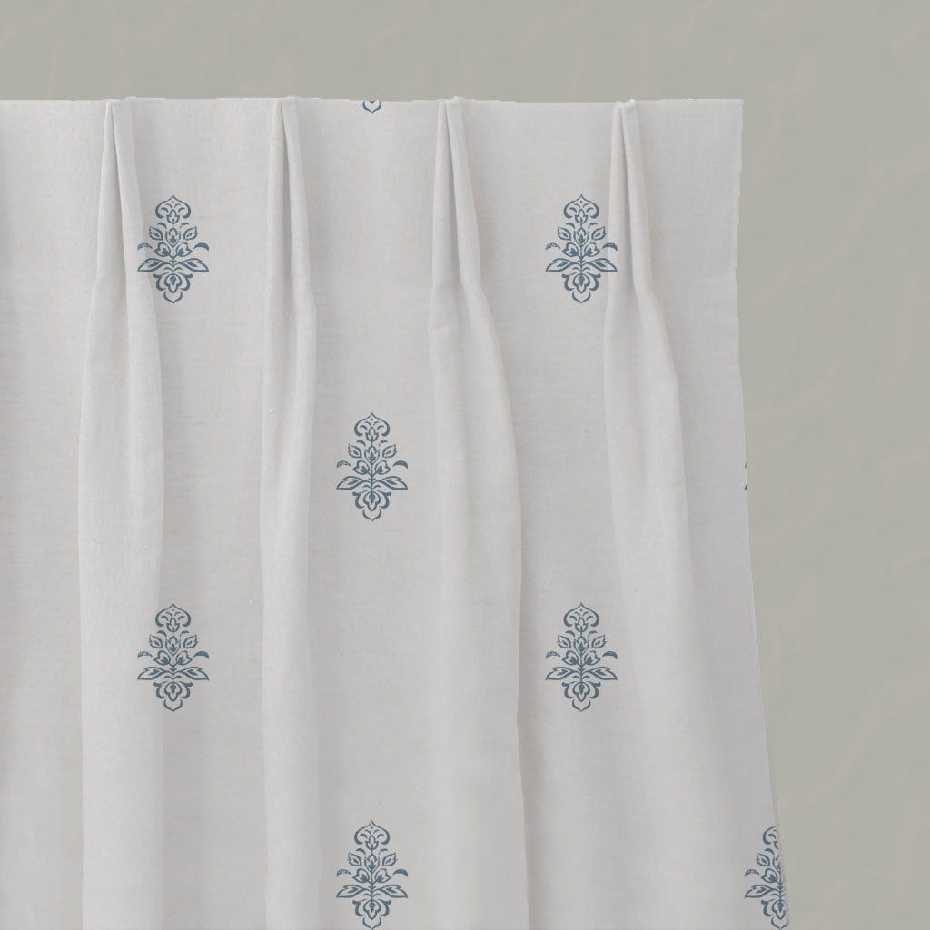 Blue Floral Linen Pleated Curtains - Lisana Agate Blue - White base fabric.