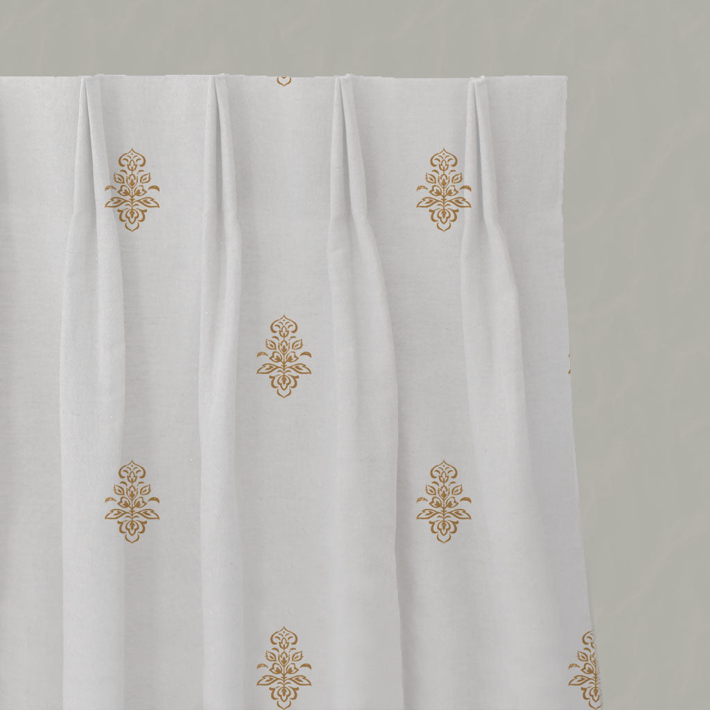 Orange / Yellow Floral Linen Pleated Curtains - Lisana Ochre - White base fabric.
