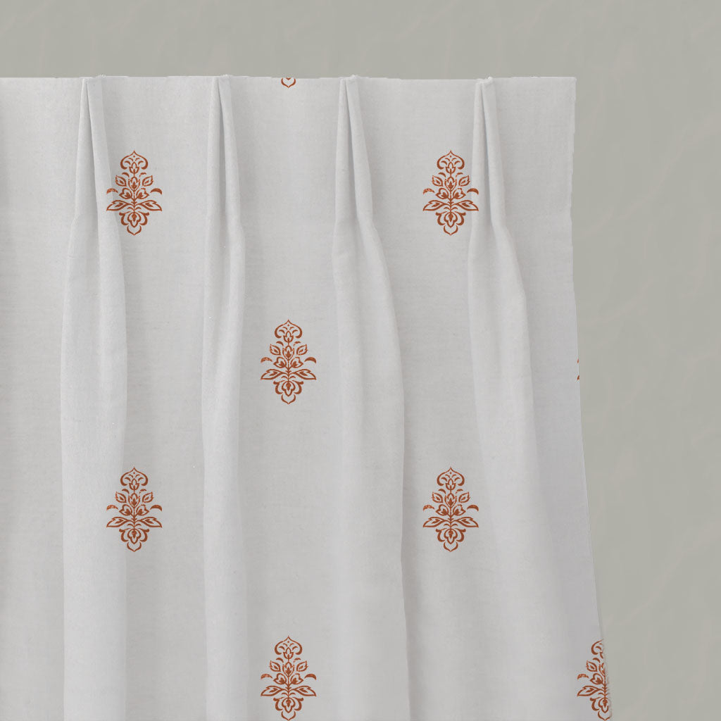 Orange Floral Linen Pleated Curtains - Lisana Terracotta - White base fabric.