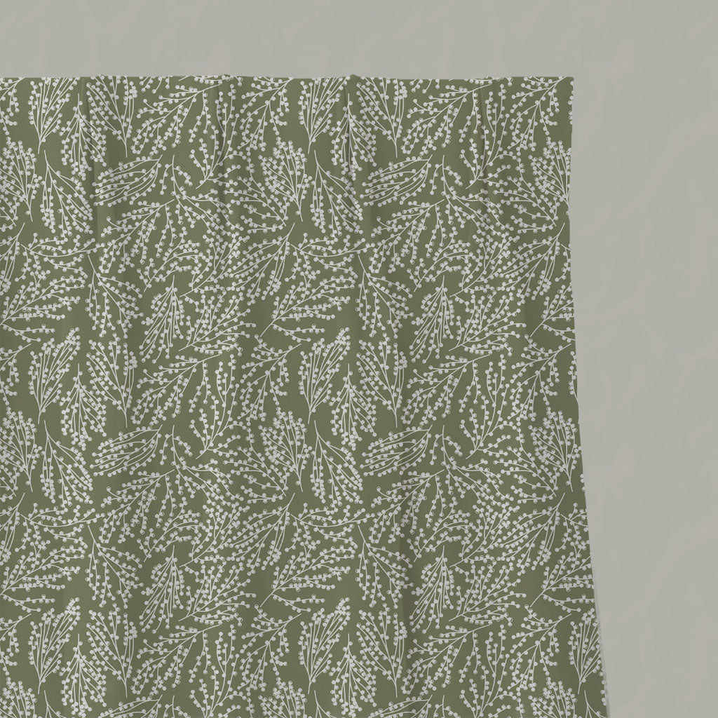 Green Botanical Linen Pleated Curtains - Lisbell Moss - White base fabric.
