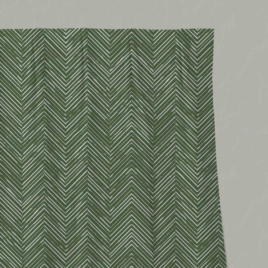 Green Patterned Linen Pleated Curtains - Lulu Emerald - White base fabric.