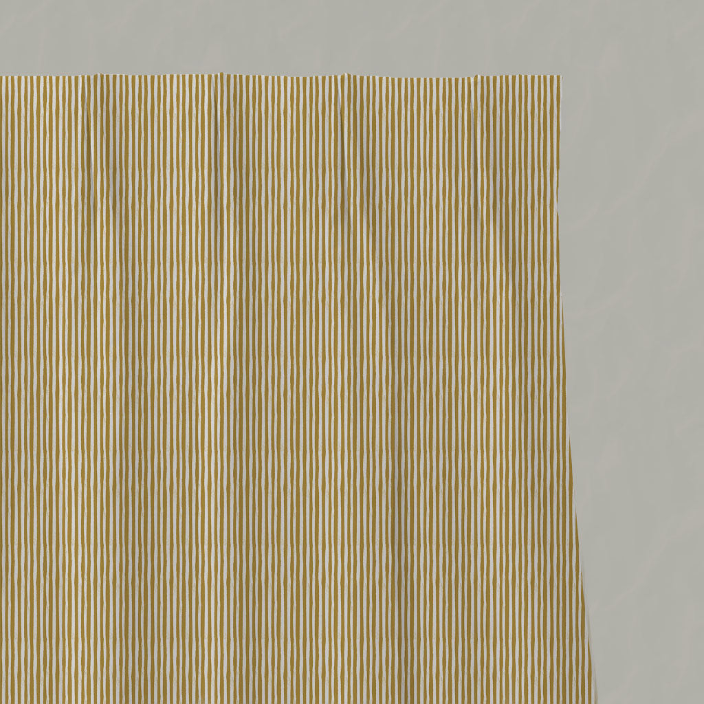 Yellow Striped Linen Pleated Curtains - Maisa Gold Rod - White base fabric.