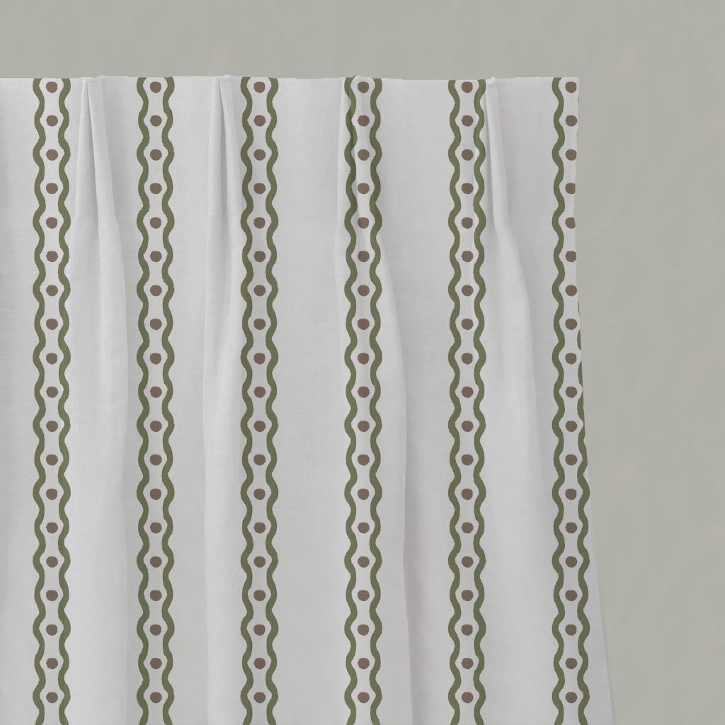 Green Abstract Striped Linen Pleated Curtain - Margarie Moss-WHT - White base fabric.