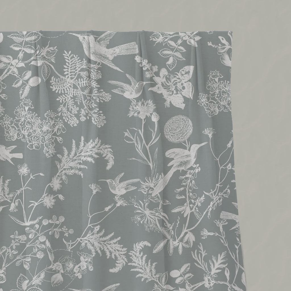 Grey Floral Linen Pleated Curtains - Marianne Greige  - White base fabric.