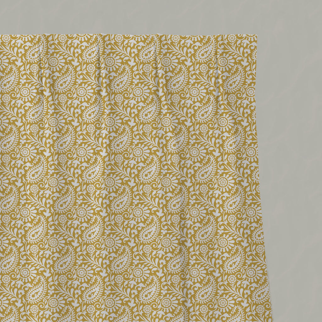 Yellow Patterned Linen Pleated Curtains - Nora Dijon-WHT - White base fabric.