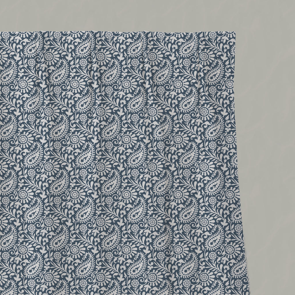 Blue Patterned Linen Pleated Curtains - Nora Ink-WHT - White base fabric.