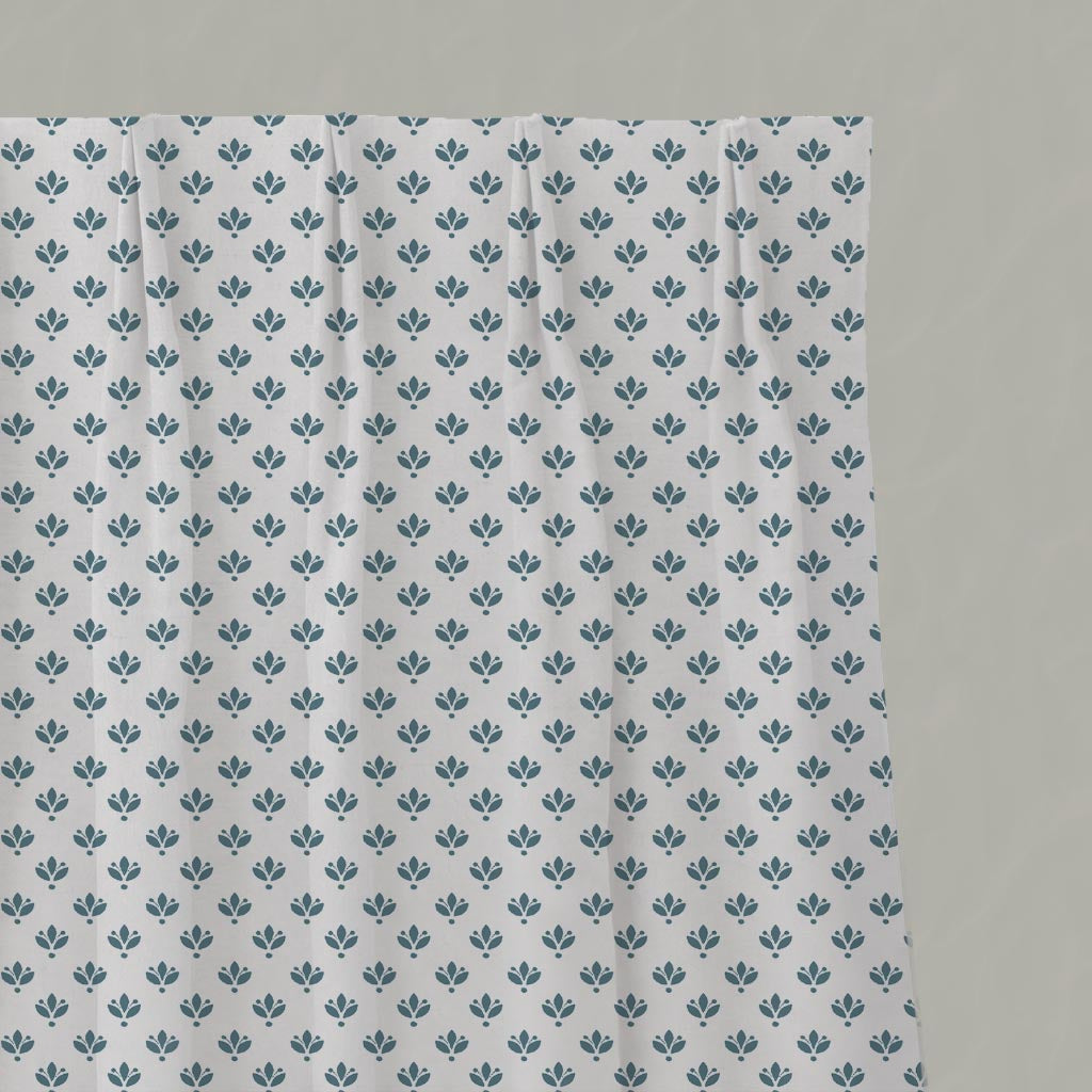 Blue Botanical Linen Pleated Curtain - Olgie Paris Blue-WHT - White base fabric.
