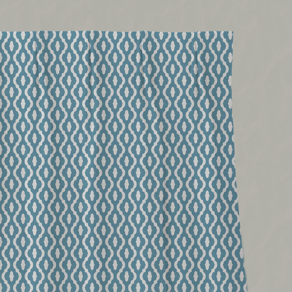 Blue Patterned Linen Pleated Curtains - Oona Marine - White base fabric.