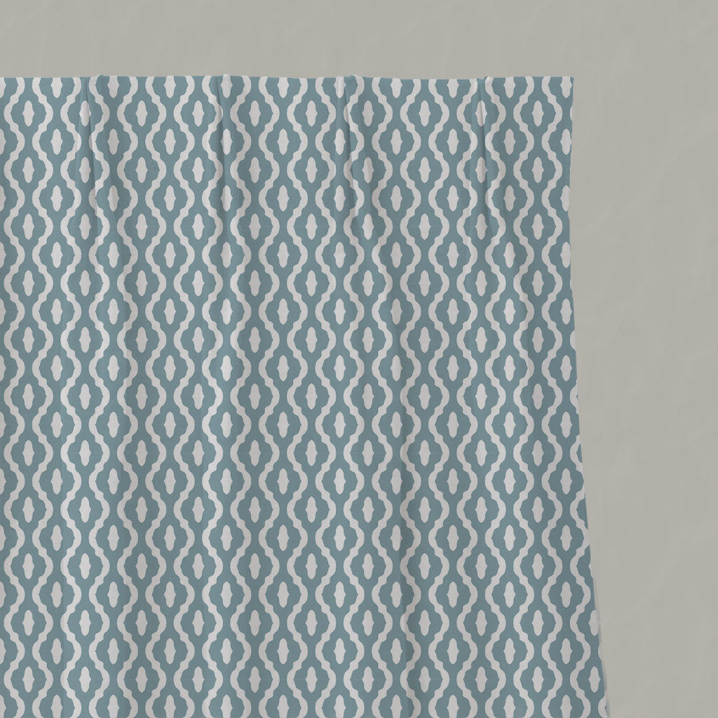 Blue Patterned Linen Pleated Curtains - Oona Shadow Blue - White base fabric.