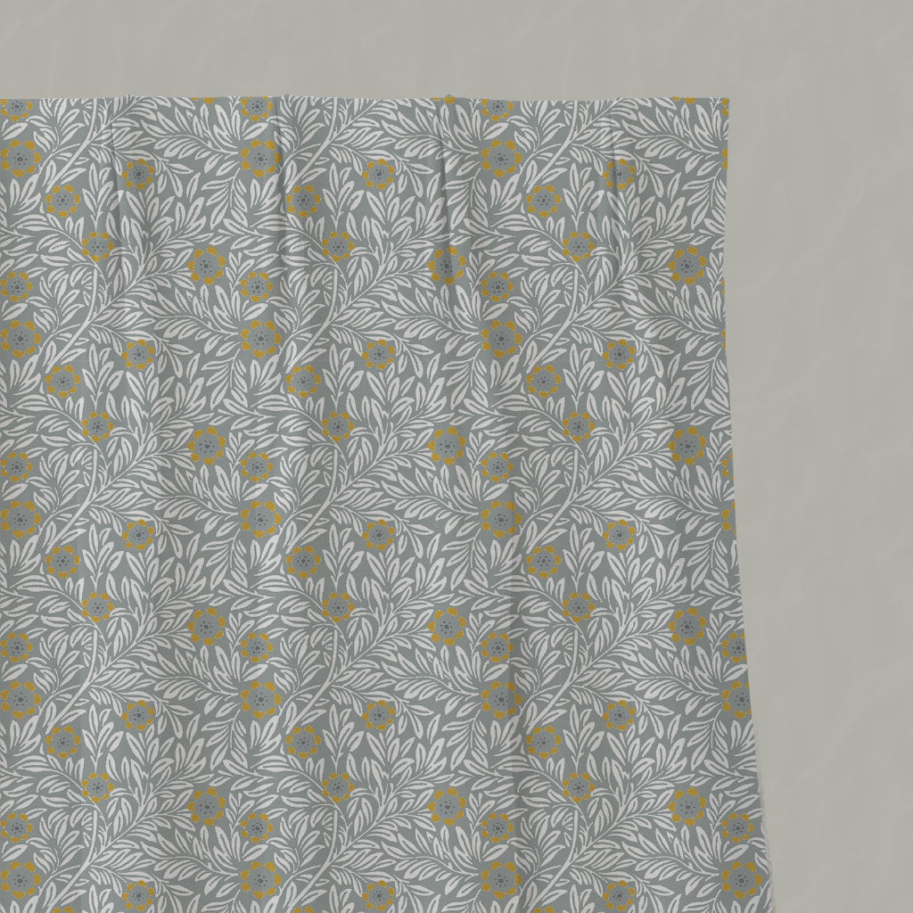 Yellow Floral Linen Pleated Curtains - Ruth Dijon - White base fabric.