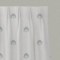 Green Floral Linen Pleated Curtains - Sarianna Meadow - White base fabric.