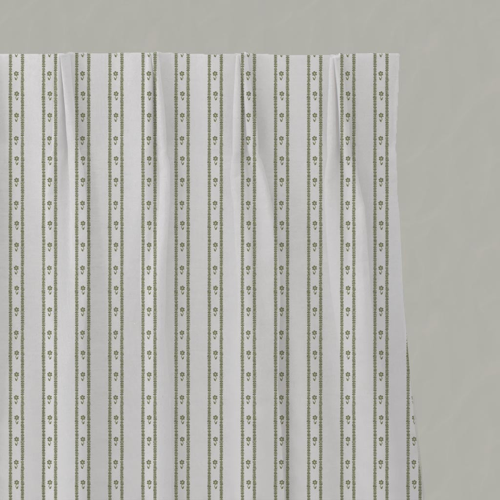 Green Floral Stripe Linen Pleated Curtain - Silvian Moss-WHT - White base fabric.