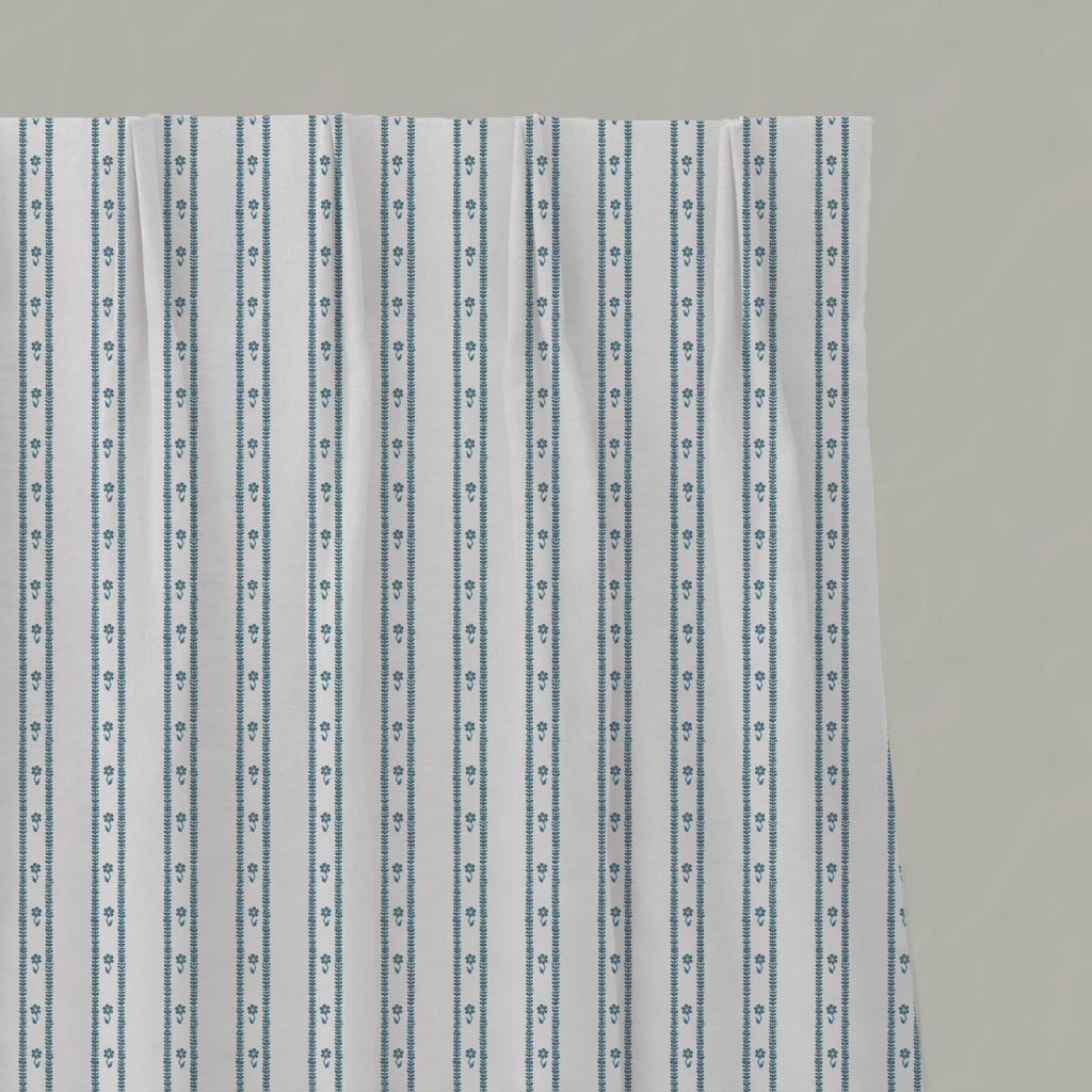 Blue Floral Stripe Linen Pleated Curtain - Silvian Paris Blue-WHT - White base fabric.