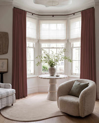 Red 100% Linen Bay window curtains. Bea Saffron by Ada & Ina