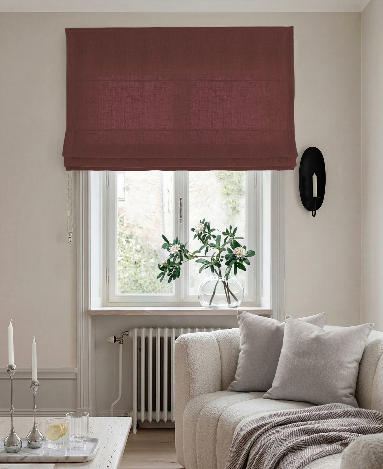 Red 100% Linen Roman blind. Bea Saffron by Ada & Ina Fabrics