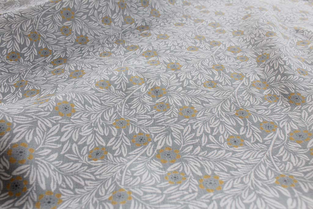 Ruth Dijon- Linen Curtain Fabric - Grey & Dijon Mustard Botanical Pattern