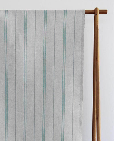 Elise Sage - Linen Cotton mix curtain fabric, Grey & Green stripes