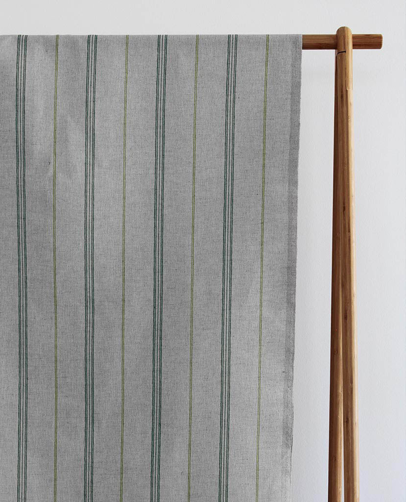 Elise Seaweed - Linen Cotton mix curtain fabric, Light & Dark Green stripes